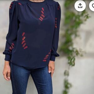 Christian Dior Vintage 90's Sheer Blouse Navy Blue Red Print